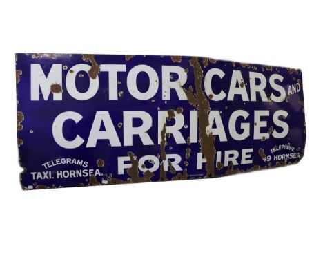 A Blue Enamel Advertising Sign, early 20th century, of rectangular form, with white lettering Motor Cars and Carriages For Hi