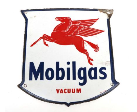 A Mobil Gas Single-Sided Cartouche Shaped Advertising Sign, painted with a red Pegasus and blue lettering Mobil Gas Vacuum, t