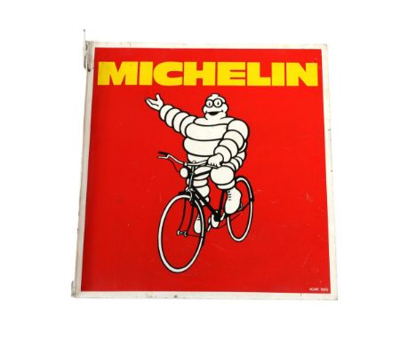 A Michelin Double-Sided Enamel Advertising Sign, with mounting flange, with yellow Michelin writing above the Michelin Man ri