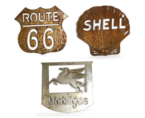 Three Metal Profile Cut Advertising Signs: a rusted Route 66 sign, 46cm by 52cm, a rusted Shell example, 52cm by 55cm, and a 