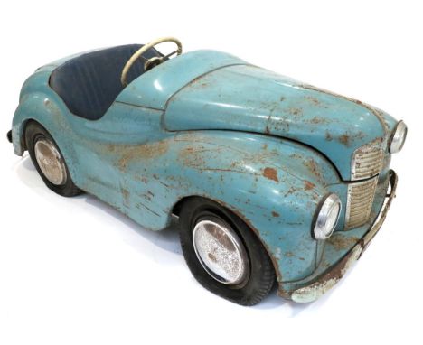 An Austin J40 Vintage Pedal Car, circa 1950, painted blue with blue padded seat, it has an opening bonnet and boot with faux 