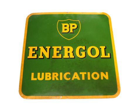 A BP Single-Sided Enamel Advertising Sign, with yellow lettering on a green ground BP Energol Lubrication, with four drill ho