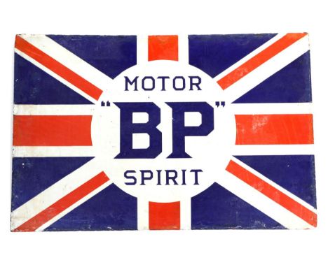 A BP Motor Spirit Double-Sided Enamel Advertising Sign, with blue lettering and Union Jack, 40.5cm by 61cm