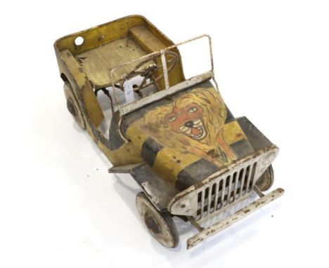 A Triang Willys Jeep Style Vintage Pedal Car, circa 1950, painted yellow/black/white and with a lion's head painted on the bo