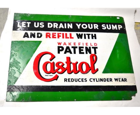A Castrol Single-Sided Enamel Advertising Sign, Let Us Drain Your Sump and Refill with Wakefield Patent Castrol, Trademark Re
