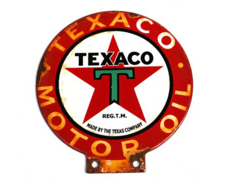 A Texaco Double-Sided Enamel Advertising Sign, with central panel TEXACO above the letter T painted on a red star, with black