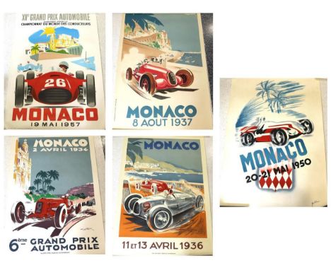 Five Unframed Automobile Club de Monaco Posters, after the originals, for Monaco 1931, 1934, 1936, 1937 and 1950
