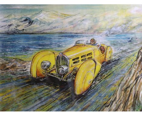 After Phil May (20th Century Contemporary) ''Viva La Bugatti - The Jean Bugatti Special T57'' Artist's signed proof, 27.5cm b