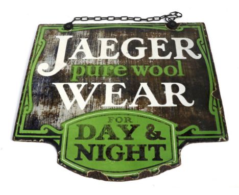 A Jaeger Double-Sided Enamel Hanging Advertising Sign, Jaeger Pure Wool Wear for Day and Night, with two drill holes with lat