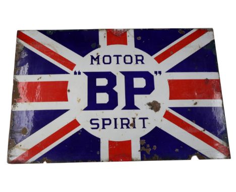 A Large Single-Sided Enamel Advertising Sign, Motor BP Spirit in blue lettering on a white ground surrounded by the Union Jac