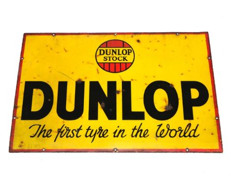 A Dunlop Single-Sided Enamel Metal Advertising Sign, of rectangular form, with black lettering painted on a yellow ground Dun