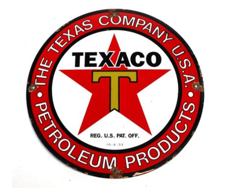 A 1933 Texaco Single-Sided Circular Enamel Adverting Sign, with central panel TEXACO  and letter T painted on a red star, sta