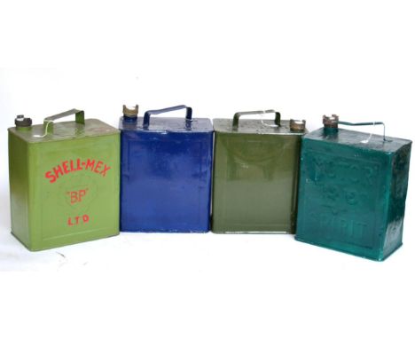 Four Vintage Two Gallon Petrol Cans, comprising green painted Shell-Mex, green painted Pratts 1945 War Department, green pain