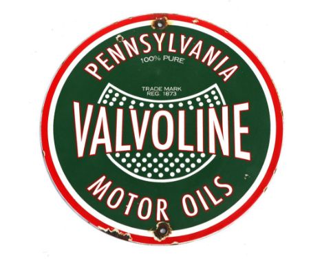 A Valvoline Single-Sided Circular Enamel Advertising Sign, with white lettering on a green ground Valvoline Motor Oils Pennsy