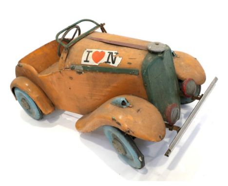 A Triang ''Epoch'' Open Tourer Vintage Pedal Car, circa 1930s, painted orange with a green front grille and blue wheels, fold