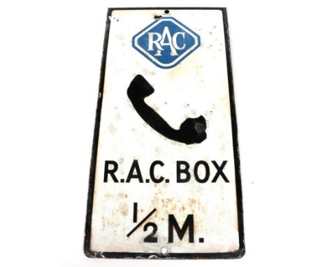 An RAC Single-Sided Enamel Advertising Sign, R.A.C. Box ½ Mile, with mounting flange, some repainting, drill holes and corros