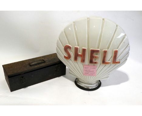 A Shell Double-Side Opaque Petrol Pump Globe, with red lettering in relief, the base stamped Hail Ware British Made, the neck