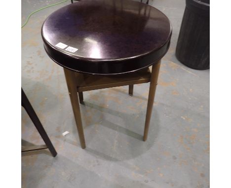1940s circular bakelite top side table with metal legs in gold/bronze colour, carries the CC-41 Wartime Utility brand mark un
