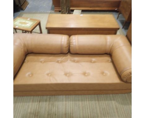 A mid 20th century tan leather effect sofa bed, length 118cm, clean condition, no snags in leather, light sun-fading to remov