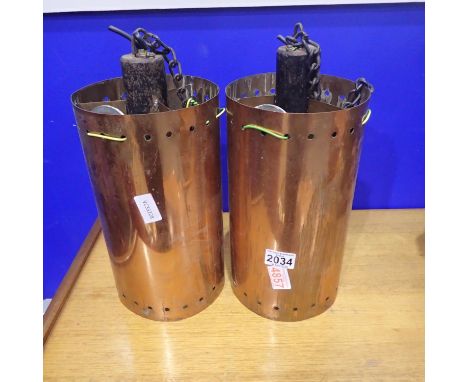 Two 1970's industrial style copper light fittings, H: 37cm. Not available for in-house P&amp;P