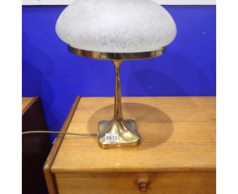 A substantial brass table lamp with mottled glass shade, H: 41cm, glass is perfect, excellent condition, no chips or cracks. 
