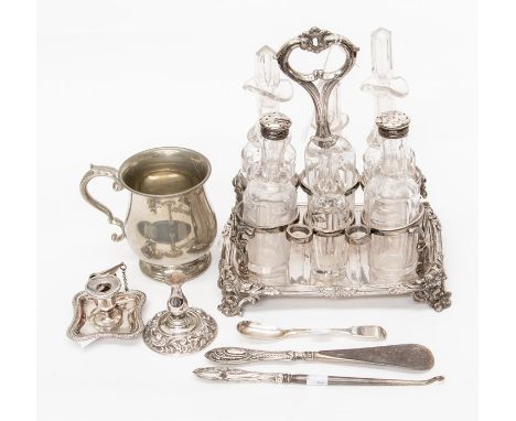 A collection of silver plate to include eight piece cruet set, a miniature chamber stick with snuffer together with silver ha