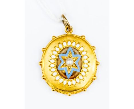 A Victorian enamel and seed pearl 15ct gold hair locket, the oval locket with domed centre with central oval pearl within a s