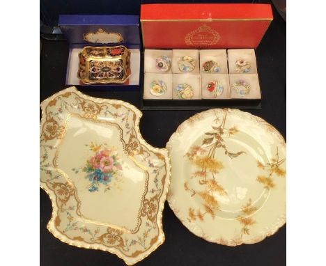 A collection of Royal Crown Derby comprising miniatures, Imari 1128 pattern trinket dish, a hand painted plate, Abbeydale, kn