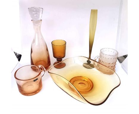 Mid Century to modern amber glass collection, including Wedgwood, Lynn. inc Lynn Decanter with stopper, studio glass bowl, We