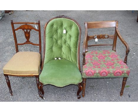 An early Victorian rosewood spoon back chair, an early 19th Century mahogany carver chair and an Edwardian rosewood and inlai