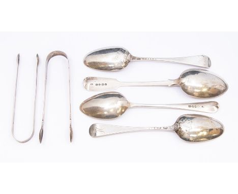 A collection of silver flatware to include: a pair of Old English pattern with shell by W.T, London, circa 1774, marks rubbed