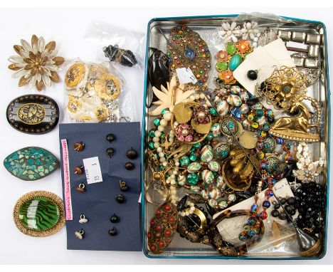 A collection of costume jewellery to include an early 20th Century hat pin with gilt decoration, Victorian gilt metal past se