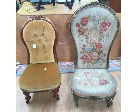 Mid Victorian low seat with high balloon back parlour / bedroom chair with original tapestry fabric seat and back, stuffed wi