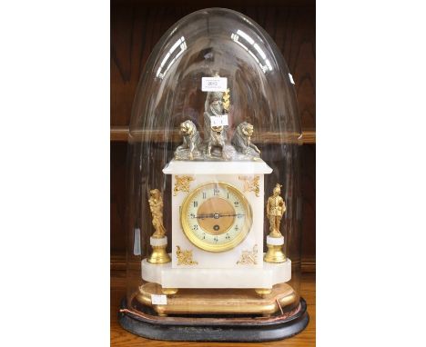 A late 19th Century French alabaster and gilt spelter domed mantle clock with effigy of Britannia and three lions on black ba