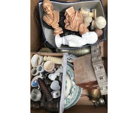 A small collection of items to include dinner plates, North African brass wares, tourist busts and trinkets along with a Cuck