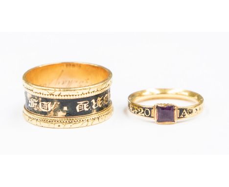 Two Georgian mourning rings comprising a band set with black enamel and lettering which reads&nbsp; 'In memory of' the band i