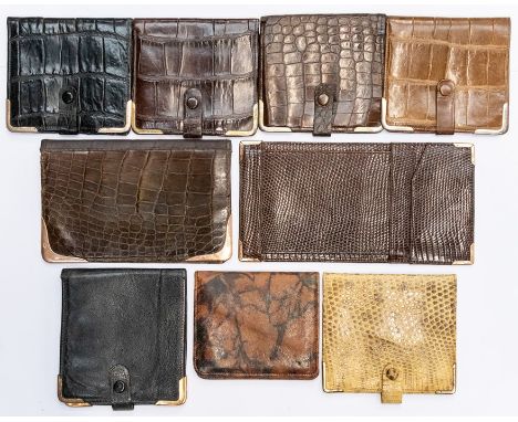A vintage 9ct gold mounted gentleman's crocodile wallet, a 12ct gold mounted crocodile bill holder, a 9ct gold mounted leathe