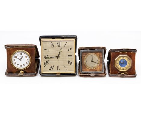 Three leather cased travel clocks, the Swiss eight day 'pocket watch' movements in square cases, 9-10.5cm (dials 5cm), togeth