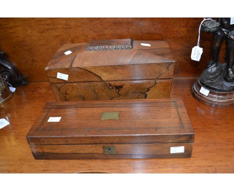 Victorian rose mahogany large casket tea caddy, along with Victorian mahogany brass inlaid glove box