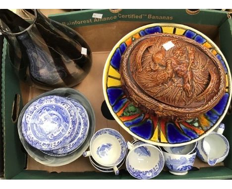 A collection of studio glass, Poole bowl, pie dish, Copeland, Spode plus Spode blue and white transfer pattern, tea set plate