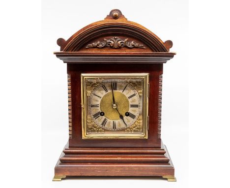 A German mahogany bracket clock, early 20th Century, with architectural case, the brass dial with silvered chapter ring havin