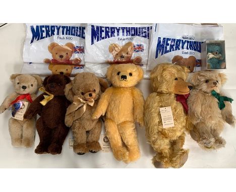 A collection of six assorted Merrythought bears to include a 1957 Replica 'Cheeky' bear, bell in left ear, together with a bo