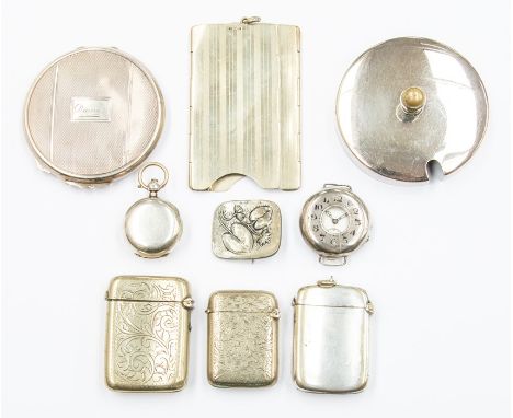 A collection of early 20th Century silver and silver plate including a silver compact powder puff case, silver 1/2 sovereign 