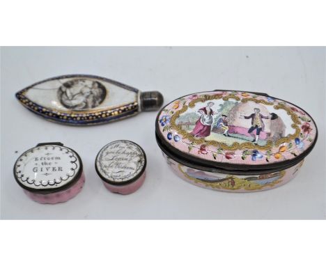 A Staffordshire enamel patch box with village scene, 10cm, another inscribed ‘Esteem the Giver’, 4cm, a small patch box inscr