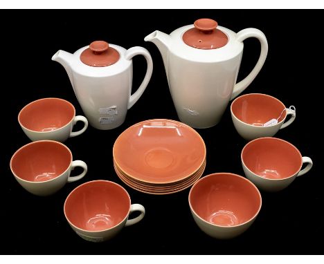 A mid century Poole pottery coffee set, pink and cream colour, AF