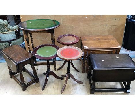 A collection of furniture comprising three tripod wine tables, two small oak drop leaf coffee tables, a small 1930s oak side 