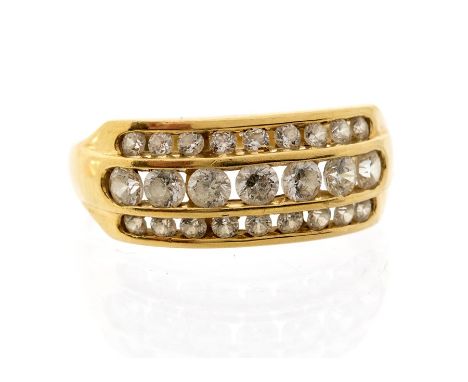 A cubic zirconia  and 9ct gold dress ring, channel set with three rows stones, width approx. 8mm,  size P, total gross weight