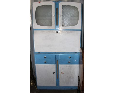 A&nbsp;circa 1950's light blue and white kitchen cabinet with original glass and compartments to the interior, 180cm high, 91