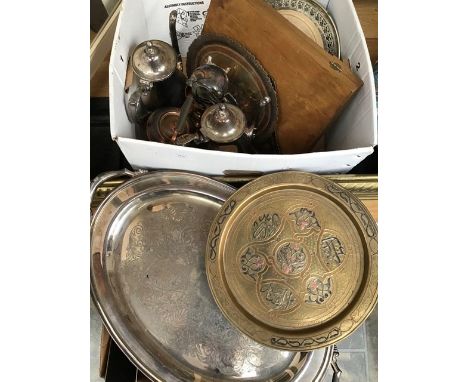 A collection of assorted metalware, including a silver plated tea and coffee service, a silver plated tray, an Indian brass t