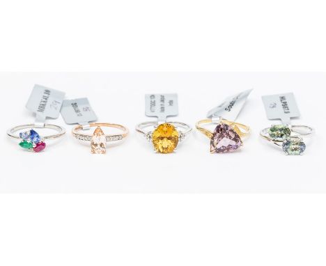 A collection of 9ct gold gem set rings to include rose gold and morganite,  yellow gold, Anahi ametrine and white topaz, whit